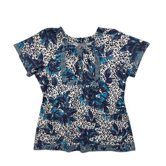 Koi Kathy Peterson Scrub Top Womens XL Blue Black White Floral Medical Nurse - Picture 2 of 11